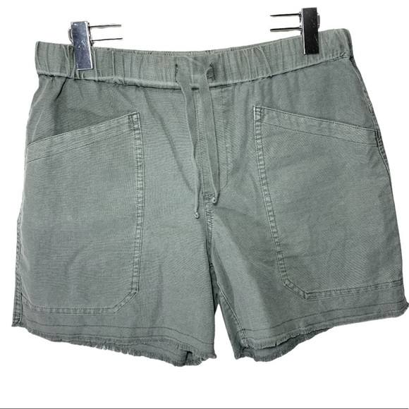 𝅺roots Raw Hem Shorts Cotton Linen Washed Green Sz Small Elastic Waist Pull on - Picture 1 of 11